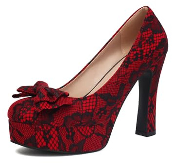 elerhythm Chaussures Mary Jane pour femme à bout fermé élégantes avec lacets gothiques, plateforme à talons hauts avec nœud mignon, rouge, 37 EU