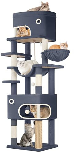 Hzuaneri Kratzbaum, 203 cm Katzenbaum mit großer Plattform, 2 Höhlen, 7 Kratzsäulen, Pompons, Liegemulden, Hängematte, Geeignet für alle Katzenrassen, Dunkelgrau MS20318SG