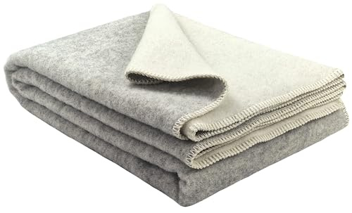 STTS International Wohndecke Wolldecke 100% Schurwolle 150 x 200 cm Tagesdecke Schurwolldecke Plaid Selva Hellgrau-Weiß (DF)