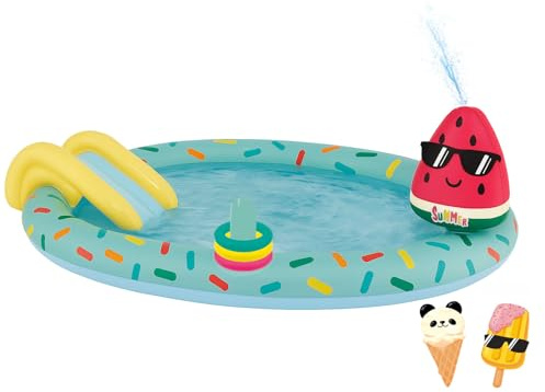 Happy People Planschbecken Spielcenter EIS – Kinderpool mit Rutsche & Sprinkler, inkl. Wurfspiel & Spielfiguren, Gartenschlauchanschluss, ca. 198x150x18cm – Sommer Wasserspielzeug