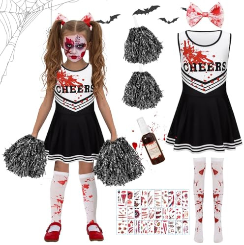 Cheerleader Kostüm Halloween, Zombie Cheerleader Kostüm, 35 Stücke Cheerleading Outfit mit Pompoms Bogen Strumpfen Kunstblut und Bluttattoo-Aufkleber, Halloween cheerleader Horror kostüm für Kinder