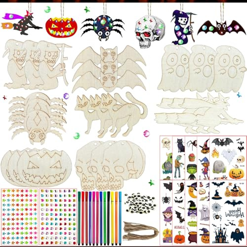 FZYESNO 284PCS Halloween Basteln Kinder, Holzanhänger zum Bemalen, DIY Halloween Deko Kinder (Holz), Hängende Holz Bastelset, Halloween Basteln enthält Zahlreiche Accessoires