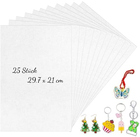 QKJEM Schrumpffolie zum Bemalen 25 Stück A4 Matt Transparent | 0.3mm Wasserfest für Handgezeichnet DIY Bastelarbeiten Ansteckplaketten Schmuckanhänger Schlüsselanhänger