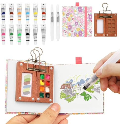 Portable Watercolor Painting Set Travel Kit with Durable 8 Grids Walnut Palette - Includes 12 Colors, 2 Water Brushes, Metal Clip & Sketchbook for Artists, Students for Outdoor Art and Journey Paintin