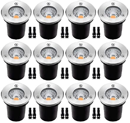 Ysjx Iluminación Exterior Paquete de 12 focos LED COB for empotrar en el Suelo, 12 V/24 V CC, 3 W/5 W, 65 mm, Acero Inoxidable 304, for jardín. Lámpara de Paisaje(Warm White,3W)