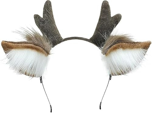 FakeFace Rentier Geweih Haarreif Elch Reh Ohren Stirnband Weihnachts Geweih Haarschmuck Kopfschmuck Halloween Karneval Cosplay Kostüm, Hnadgemacht (Braun)