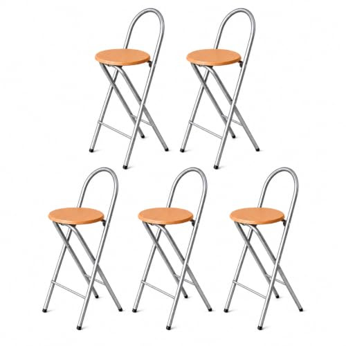 KMH Bill - Set di 5 sgabelli da bar pieghevoli e salvaspazio, decorazione in legno di argento, con schienale e poggiapiedi, struttura in acciaio, altezza seduta 73,5 cm, stabile e versatile per cucina