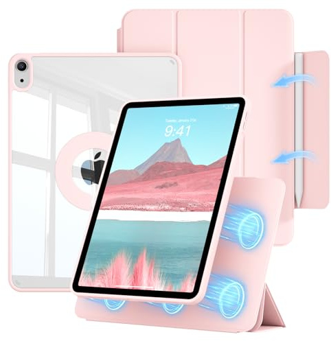 ZOPSGYU for iPad Air 11 M4/M3/M2,Air 5th/4th Gen Case Magnetic, Pink | Rotatable Detachable Hybrid Cover, Portrait & Landscape Stand. Clear Hard Back, Edge Guard, Pencil Clasp, Auto Wake/Sleep