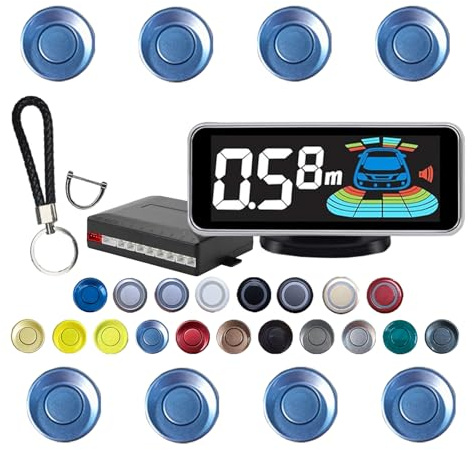 SANDETOUN Backup Parktronic System Car Auto Vehicle Reverse with 8 Parking Sensors kit, LCD Display, Distance Detection (Meter/Foot Switchable), Buzzer Alarm and Voice Prompt Function（Light Blue）