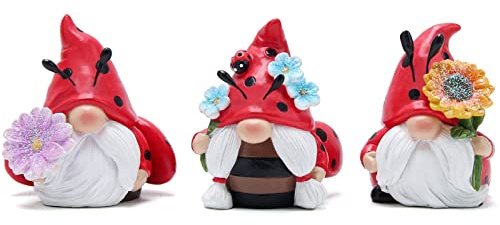 ZAWUU Ladybird Garden Gonks Gnomes Set of 3, Resin Garden Gonks Ornaments Holding Flowers, Cute Ladybird Outdoor Statues for Patio, Yard, Lawn, Unique Gardening Gifts for Women, Mom, Grandma
