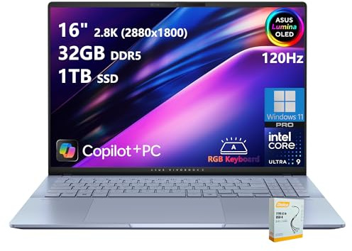 ASUS Vivobook S16 AI PC Laptop | 16 2.8k OLED 120Hz | Intel Core Ultra 9 285H | 32GB DDR5 1TB SSD | RGB Backlit for Creator Designer Business Professional Win11 Pro w/DLCA Accessory