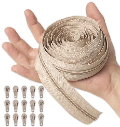 IPEA Cremallera Continua Cadena #5 Beige - [ 5 METROS + 15 CURSORES METÁLICOS ] - Made in Italy - Cremallera Recortable para Costura, Ropa y Accesorios - Ancho 30 mm - Beige