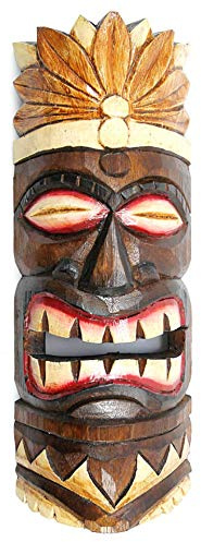 Coco Papaya Masque Tiki 30cm en bois motif plumes. Déco tribale polynésienne.