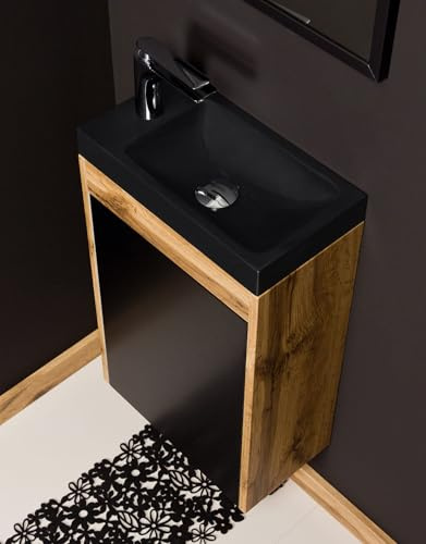 Quentis Gäste-WC Badmöbel Guest 40 cm – Waschbecken schwarz matt mit Unterschrank, Eiche Natur/Schwarz