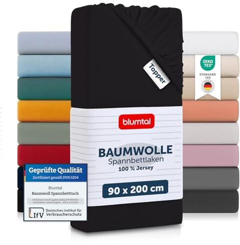 Blumtal® Basics Spannbettlaken für Topper 90x200x15cm Jersey - Bettlaken aus 100% Baumwolle - Oeko-TEX zertifiziertes Spannbetttuch 90x200cm - Schwarz