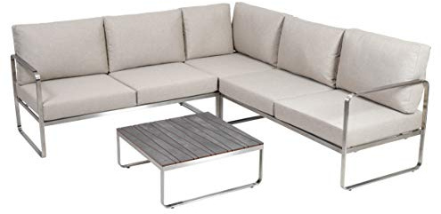 greemotion Gartenmöbel-Set Sydney, Beige, 4-teilig, Stahl | Set aus 2 Bänken, 1 Ecksessel, 1 Tisch, mit Sitzkissen für Terrasse, Balkon und Garten