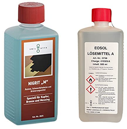 Brünier-Profi-Set: 250 g Schwarzfärbe-Schnellbeize NIGRITM, Kaltbrünieren - Schwarzfärben, Schutz von Kupfer, Bronze u. Messing + 500 ml Lösemittel A, zum Säubern u. Entfetten von Werkstücken