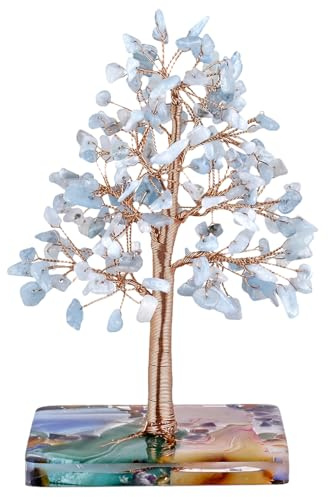 Nupuyai Aquamarin Kristall Baum mit Achatscheiben Basis, Edelstein Baum Lebensbaum Geldbaum Glücksbaum für Tisch Büro Feng Shui Deko