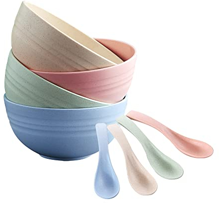 YORFULL 24 Ounce Cereal Bowls Set of 4,Dinner Sets(4Bowls+4Spoons),Microwave and Dishwasher Safe,Unbreakable Tableware Bowls for Salad,Soup,Noodle,Ramen,Pasta,Breakfast,Rice,Dessert,Sncak
