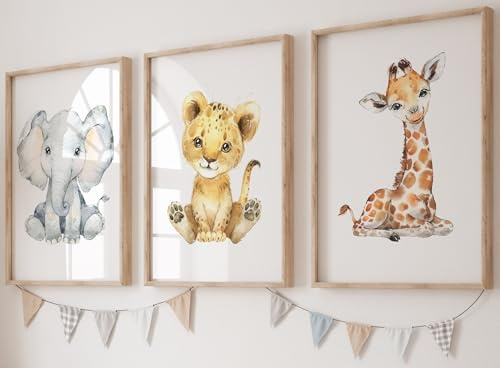 Eviepops Prints Láminas infantiles – set de 3 cuadros habitación bebé, pósters sin marco de animales safari (jirafa, elefante, león) para decoración infantil