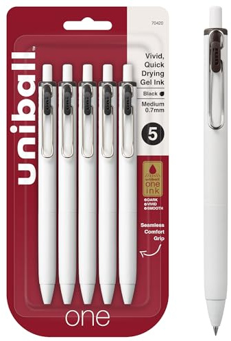 Uniball One Gelschreiber, mittlere schwarze Geltinte, 0,7 mm, 5 Stück | Bürobedarf von Uniball sind Kugelschreiber, farbige Gelspitze mit feiner Spitze, glattes Schreiben