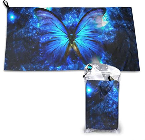 AROONS Schnell trocknendes Handtuch mit Tasche – blauer Schmetterling bedruckt, super saugfähig, Mikrofaser, Reise-Sport-Handtücher, 80 x 40 cm