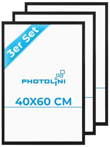 PHOTOLINI Cornici 40x60 cm nero legno MDF, set di 3 cornici per poster, plexiglass infrangibile, da parete, accessori extra inclusi - per foto, immagini e poster