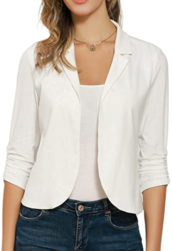 GRACE KARIN Damen Casual Cropped Blazerjacke 3/4 Ärmel Offene Gestrickt Blazer kurz Leicht Jacke Business Mantel Strickjacke Cardigan S Weiß CL1225S22-01