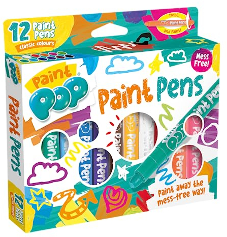 Paint Pop - Paint Pens For Kids - 12 Pack Classic Assorted Colours - Simple Twist Action, Smaller Tips for Detail, Mess-Free, Fast Drying, Easy Clean Up, Multi-Surface, Creative Fun