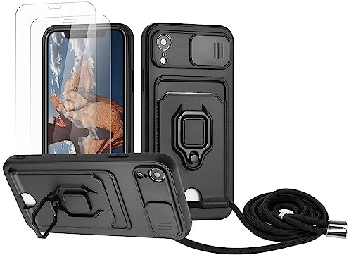 Zallagre Handykette Hülle kompatibel mit iPhone XR.[2 Stück] Schutzfolie Glas,Kameraschutz,360 Grad Ringhalter Stand,Kartenfach,Silikon hülle-Schwarz