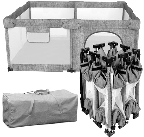 PATYWAGA Foldable Baby Playpen with Gate, Extra Large Collapsible Play Yard for Babies & Toddlers, Portable Travel Play Pen with Fence, Safe Activity Center for Indoor & Outdoor Use (51×51 Grey)