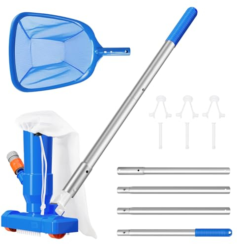 BLIKA Verbessertes Schwimmbad-Staubsauger & Pool-Skimmer-Netz-Set mit 4 Stangenabschnitten von 160 cm, oberirdischer Poolsauger mit Bürste und Netz, Handstaubsauger