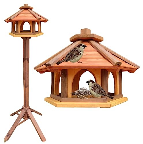 Vogelhaus mit Stander aus Holz, wetterfest, vogelfutterhaus, Futterhaus, Futterstation für Wildvögel, Vogelfutterhaus zum Stellen für den Garten, Balkon (Rot+Braun+ Gelb)