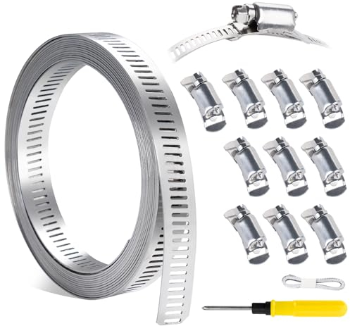 ilauke Hose Clips Adjustable, 12.5mmx3M/9.8ft Jubilee Clips Assorted 10Pcs, Hose Clamps with 10 Fasteners, Stainless Steel Pipe Clamps, Flexible Cutting