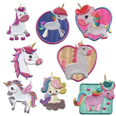 Catch the Patch Einhorn Aufnäher zum Aufbügeln Fantasy Set 8 Stück zum Aufbügeln Bügelbild für Kinder Mädchen mit Glitzer Regenbogen Prinzessin, Bastel DIY Mitbringsel Kindergeburtstag Geschenk