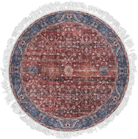 Mazovia Teppich Rund Orientalisch Vintage - Waschbar rutschfest - Weich Traditioneller Teppich für Wohnzimmer Orientteppich - Fußbodenheizung geeignet - Rot Burgunderrot 160 x 160 cm