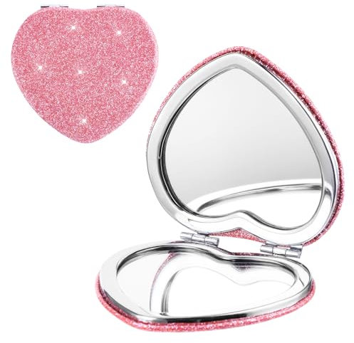Mabor Tragbarer Klappspiegel Herz Rosa Taschenspiegel Klein PU Kompaktspiegel Mini 1x/2x Vergrößerung Spiegel Klappbar Kleinerer Spiegel für Ausbesserungen Geldbörsen Handtaschen