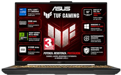 ASUS TUF Notebook Gaming Intel Core i7 13650HX Display 16 FullHD+ | 14 Core fino a 4,9 GHz, RAM 32 GB DDR5, NVIDIA GeForce RTX 4050, SSD NVMe 512 GB, 165Hz Win 11 Pronto all'Uso