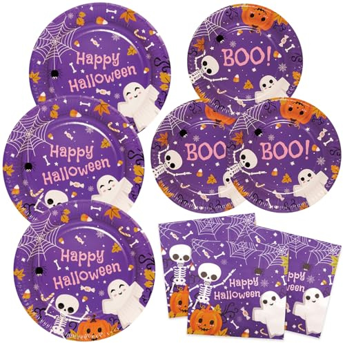 Happy Halloween Assiettes carton de fête, Assiette à dessert carton jetables et Serviettes Fantôme 48 pièces Set d'Assiettes en papier Vaisselle de fête, Pourpre