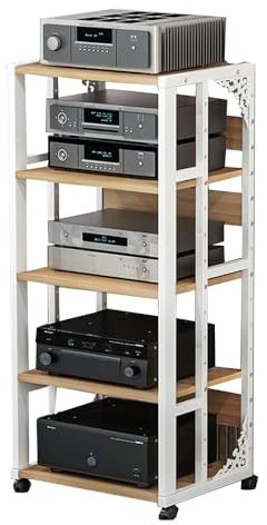 HAEKEBC Medienständer Audio/Video Medien Audio Rack, HiFi-Audioschrank, Stereo-Rack Aus Holz Für Aufnahmeraum/Heimkino(White,5 Tier)