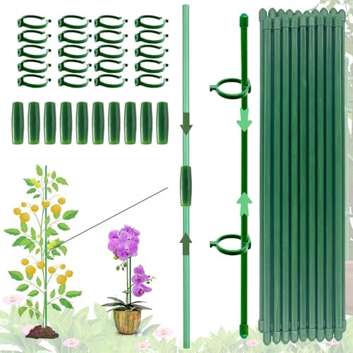 (90PCS) Pflanzenstütze, Rankhilfe, 20 Stück Pflanzenhalter, mit 20 Karabinern Ausgestattet, mit 10 Verlängerungsrohren, Pflanzenstützen, Ranghilfe, Rankstäbe für Pflanzen,Tomaten,Orchideen