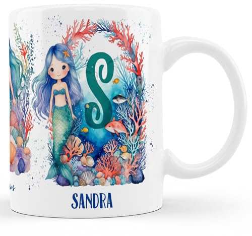 Taza de Sirenas Personalizada para Niñas Con Inicial y Nombre (A-Z) - Cerámica, Desayuno, Café - Regalo Con Letra y Nombre (Letra-S)