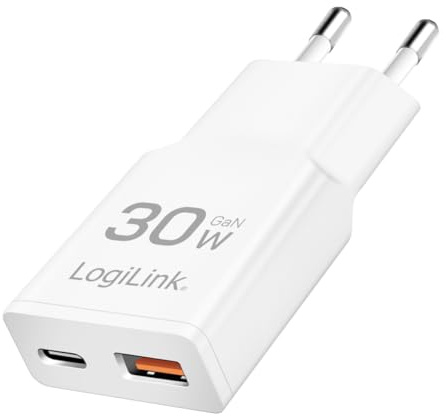 LogiLink PA0348 – Dual USB GaN (Gallium-Nitrid) laddare, 1 x USB-C (PD), 1 x USB-A (QC), 30 W