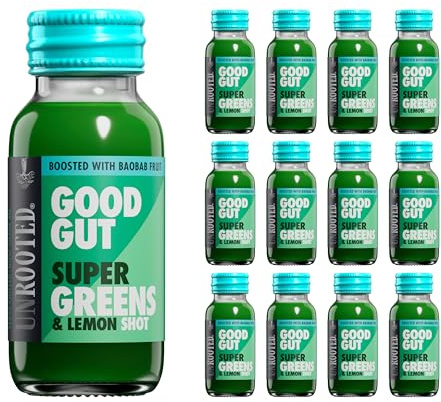 UNROOTED Super Greens, Lemon & Baobab Shots - High Fibre Gut Health 12x60ml | Super Greens Shot with Spinach, Cucumber, Kale, Lemon and Baobab. High in Fibre, Built for Digestion and Gut Health.