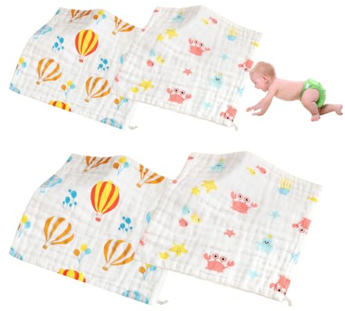 QOWIJEX 4 Stück Baby Musselin Waschlappen, Baby Badetücher/Weiche Neugeborene Baby Gesichtstücher, Mehrzweck-natürliche Baumwolle Baby Wipes（25 * 25cm*2+30 * 30cm*2）