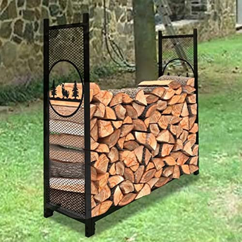 Robuster Kaminholzhalter aus Metall mit Elch-Design, Netzwände und Sockel, für drinnen und draußen, Kaminholzregal für Holzscheite, 126 x 38 x 116 cm