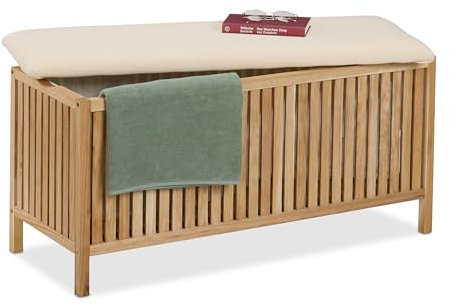 Relaxdays Wäschetruhe mit Sitz, Badhocker mit Stauraum, 100 l Wäschesammler, HBT: 50x100x38 cm, Holz/Stoff, Natur/weiß
