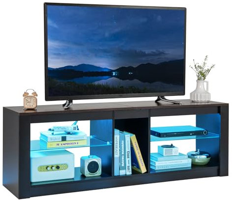 COSTWAY TV-Schrank mit LED-Beleuchtung, Fernsehtisch für Fernseher bis zu 65 Zoll, Fernsehschrank mit 2 verstellbaren Glastablagen und offenem Fach, Lowboard, TV-Regal für Wohnzimmer
