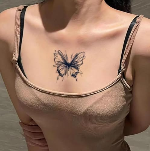 Temporary Tattoos Stickers Fake Tattoos 2Pcs Colorful Lines Butterfly Back Herbal Semi-Permanent Lasting 2 Weeks Plant Clavicle Realistic Waterproof And Sweat-Proof Men And Women
