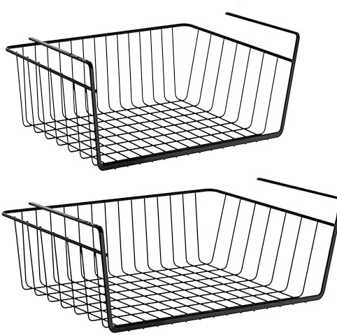 NTEK Under Shelf Storage Basket—Hanging Metal Wire Organizer, Kitchen, Bathroom, Pantry, Cabinet & Office—Durable Under Cabinet Shelf Rack to Maximise Space No Tools Required (BLACK 2PCS, 37CM)